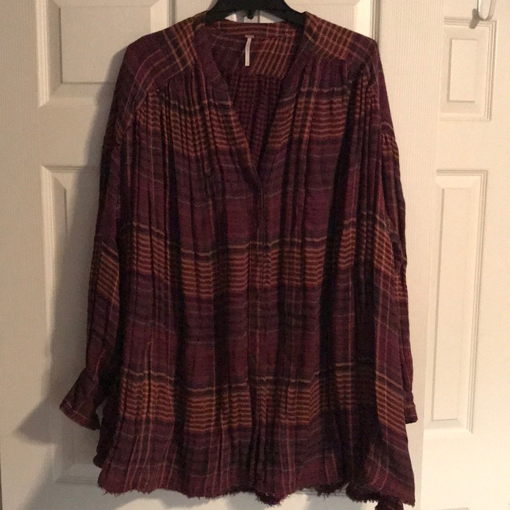 Free People Plaid Pleated Flannel Shirt L
